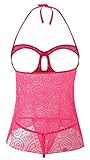 Women's Sexy Swirl Mesh Babydoll Set Cupless Lingerie with G-String Nightwear(L,RoseRed)