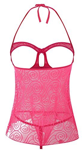 Women's Swirl Mesh Babydoll Set Lingerie Nightwear Sleepwear Dress(Rosered,L)