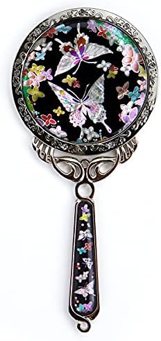 Hand Held Mirror with Beautiful Korean Pouch–150x70x5mm Rose Vintage Mirror for Traveling, Makeup, Vanity–Natural Eco-Friendly Mother of Pearl Coating–Rustproof Iron Table Mirror (Flower butterfly)