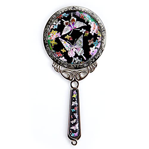 Hand Held Mirror With Beautiful Korean Pouch–150X70X5Mm Rose Vintage Mirror For Traveling, Makeup, Vanity–Natural Eco-Friendly Mother Of Pearl Coating–Rustproof Iron Table Mirror (Flower Butterfly) #TOP22