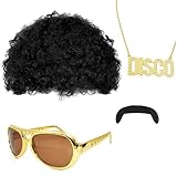 4er Set Afro Perücke Herren Mit Sonnenbrille, Schnurrbart, Halskette - 70 80er Jahre Disco Hippie Perücke für Halloween Karneval Kostüm(Schwarz)