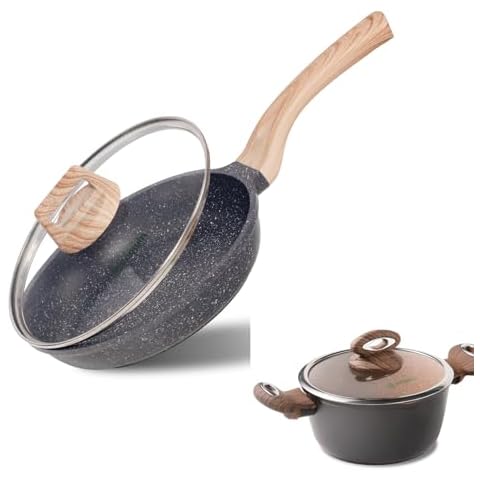 Ecowin Nonstick Frying Pan with Lid 9.6Inch and Nonstick StockPot with Lid 3Qt, Frying Pans Nonstick, Easy to Clean, Induction Compatible Cookware Cover