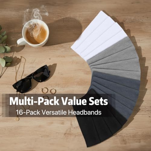 Huachi Headbands for Women Non Slip 16 Pack Elastic Sports Hair Bands for Women, Soft Cotton Cloth Headband for Workout Yoga Fashion Hair Accessories, Black White Gray Trendy Head Bands - Image 2