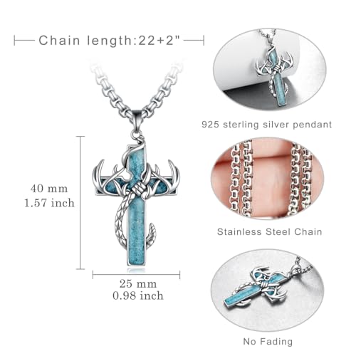 Antlers Cross Necklace 925 Sterling Silver Fish Hook Necklace Turquoise Cross Jewelry Gifts for Men4