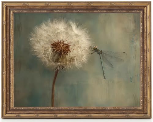 joebt Vintage Dragonfly Dandelion Wall Art, Ornate Gold Frame, 11x9, Teal