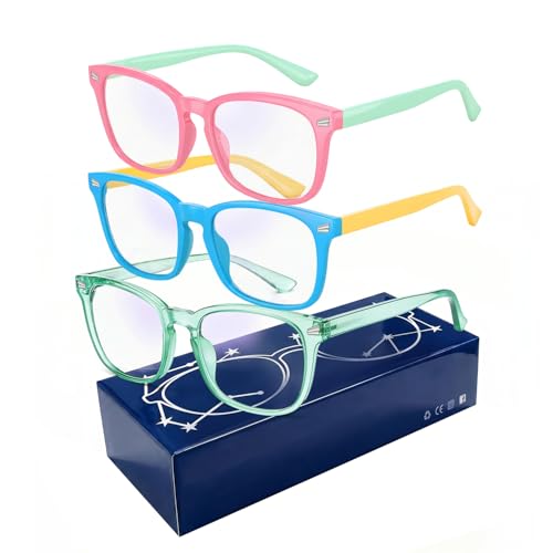 Image of Kids Blue Light Glasses 3 Pack Flexible TR90 Shatterproof Frame, Clear & Red Lenses Kids Fake Glasses 2-18 age