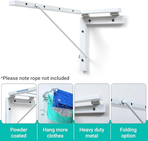 Image of Clothes Drying Stand Wall Mounted /Cloth Dryer Stand /Clothes Hanger for Drying Clothes Foldable for Home Or Balcony with 50 Feet Rope and Fasteners Set (Metal-White L Shape)