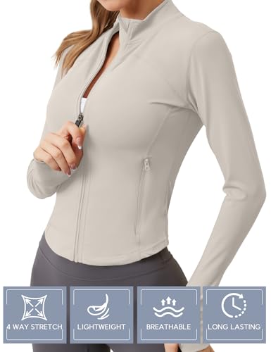 IECCP Sportjacke Trainingsjacke Damen Laufjacke Leichte Dünne Jacke Gym Activewear Sport Kleidung Frauen Sportklamotten Eng Yoga Sportswear Elfenbeingrau M