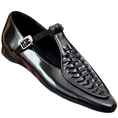 Chic Flats for Women with One-Strap Metal Buckle Pointed-Toe Genuine Leather Mary Jane Shoes Business