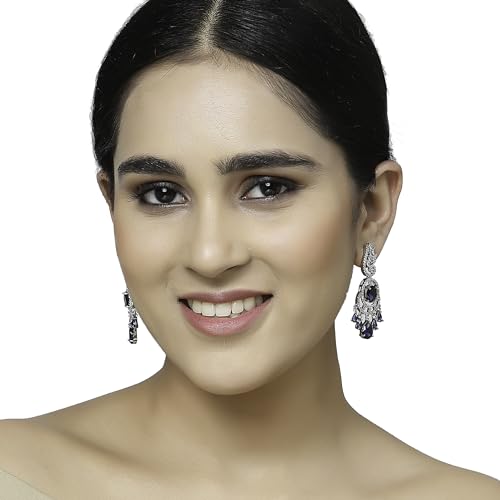 Image of ZENEME Rhodium-Plated American Diamond Studded Oval & Leaf Shaped Drop Earrings For Girls and Women