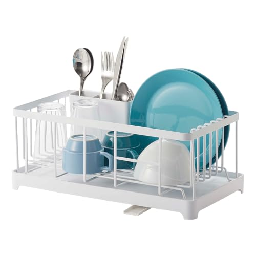 YAMAZAKI Home Tower Wire Dish Drainer Rack with Removable Drainer Tray with Drainage Spout, Utensils Holder - Steel -