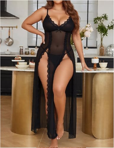 Image of Alrovetoney Plus Size Lingerie For Women Babydoll Sexy Mesh Maxi Nightdress Exotic Sleepwear Side Slits