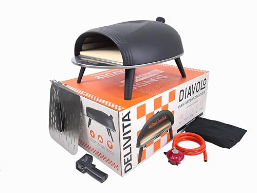 Delivita Diavolo Gas Pizza Oven Portable Lightweight Cooks Pizza in 60-90 Seconds at 450C Includes Folding Peel Carry Case Temperature Gun and Gas Regulator 10.5kg Black
