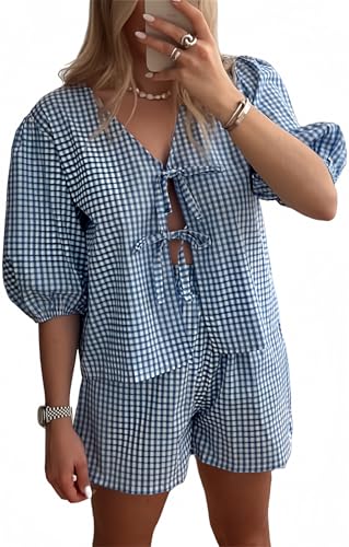 Image of Yuemengxuan Women Y2k Peplum Shirt Shorts Set Two Piece Lounge Set Pajamas Sets Puff Sleeve Tie Front Top 2pcs Pj Outfits