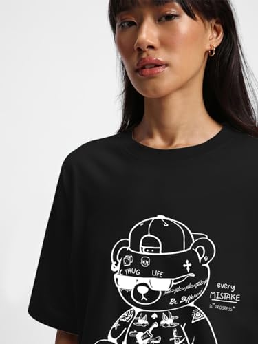 Image of JUNEBERRY 100% Pure Cotton Oversized Loose Baggy Fit Drop Shoulder Half Sleeve Round Neck Cool Front Teddy Printed Cork & White T-Shirt for Women /Girls (Available in from S to 2XL)