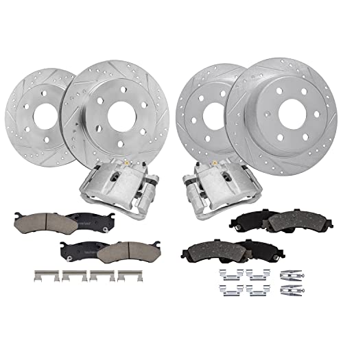 Image of Detroit Axle - Brake Kit for Silverado Sierra Avalanche Suburban 1500 Yukon Tahoe Drilled Brake Rotors Ceramic Brakes Pads Front Brake Calipers Replacement [12 inch Front & 12.99 inch Rear Rotors]