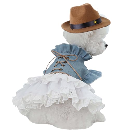 FLAdorepet Western Dog Cowgirl Denim Dress with Dog Hat Pet Halloween Texas Cowboy Cowgirl Costumes Outfits for Small Dogs Girl Cat Apparels (Blue S)
