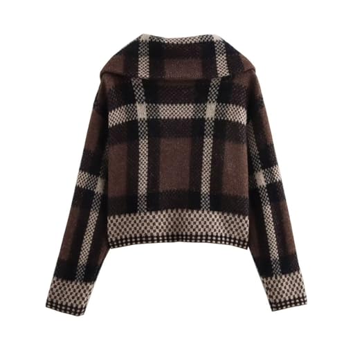 Chevara Women’s Checkered Cardigan Sweater Vintage Lapel Collar Long Sleeve Zip Up Knit Sweatshirt Jacket2