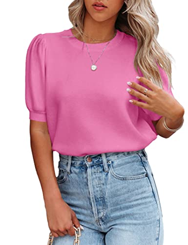 Image of Womens Puff Short Sleeve Sweater Tops Crewneck Basic Knit Pullover Lightweight Casual Sweaters