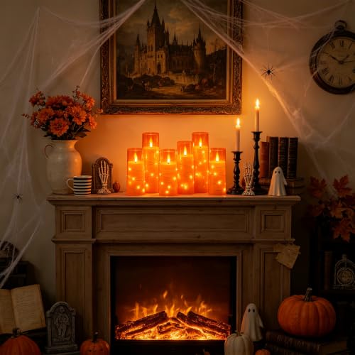 Image of Sasigeiaa Flameless Candles with Embedded Star String - Battery Operated LED Candles, with Remote,7 Orange Flickering Candles for Christmas, Weddings, Home Decor & Party,(D 2.3 inchxH 5 inch 6 inch 7 inch)