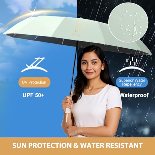 Image of PALAY UPF 50+ Umbrella for Women Men with Big Canopy, Sun & Rain Protection, Cyberpunk Clear Handle, Auto Open Close, Compact Travel Pocket Umbrella With Fiberglass Ribs (Green)