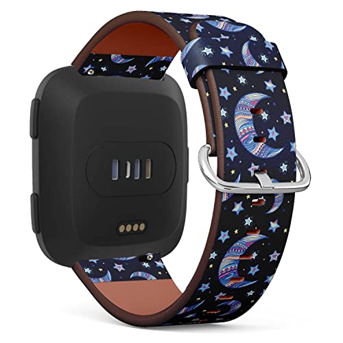 Compatible with Fitbit Versa 2 / Versa / Versa Lite / Versa SE Patterned Leather Replacement Band (Stars and crescent moon in hand-drawn zentangle style)