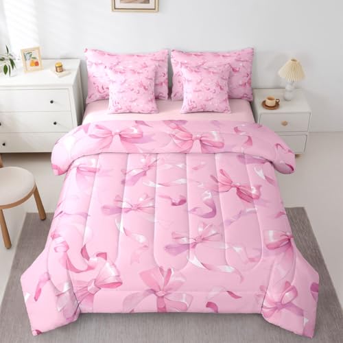 Image of Princess Bow Bed in a Bag King Size Comforter Set 7-Piece | Kawaii Bow Tie Bedding Sets Pink Bowknot Comforter and Sheet Set, Dreamy Ribbon Bow-Tie Room Decor