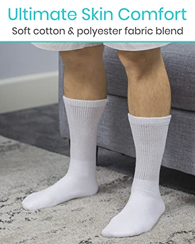 Vive Diabetic Crew Socks For (6 Pairs) - Non Binding Cushion Ankle Pack - Small, Up To Size 9 For Men And 11 For Women - Compression For Diabetes, Swollen Feet, Lyphedema, Edema (White) #TOP4