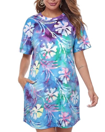Image of MOUSYA Women Tie Dye Dress Short Sleeve T Shirt Dress Summer Casual Loose Mini Dress with Pockets
