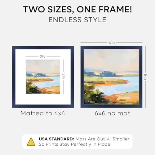 Image of Homeforia 6x6 Frame Navy Blue, High End Metal 6 x 6 Square Picture Frames with Mat 4 by 4 Art, 6x6 Photo Frame Matted to 4x4 inch Print, 6by6 Wall or Tabletop Frames, Tempered Glass, Wall Kit, Set of 1