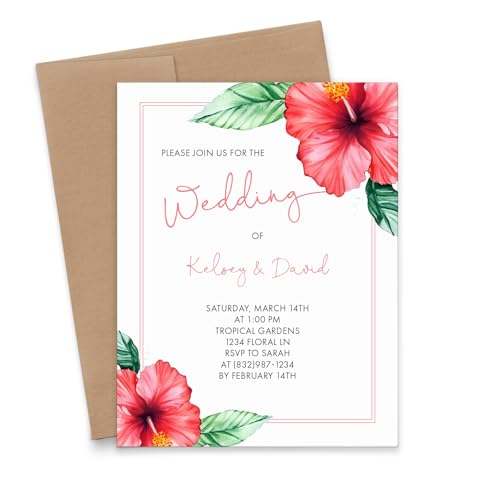 Hawaiian Wedding Invitation With Envelopes, Tropical Wedding Invite With Flowers,