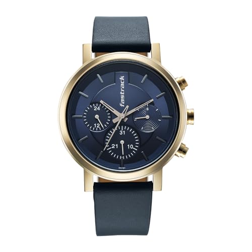 Image of Fastrack Chrome K Quartz Analog with Blue Dial Blue Leather Strap Watch for Men - 3287QL04