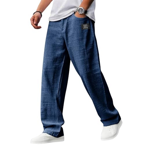 Men's Linen Pants Casual Fashion Wide Leg Elastic Waistband Cargo Pants Baggy Lightweight Joggers Pant with Pockets