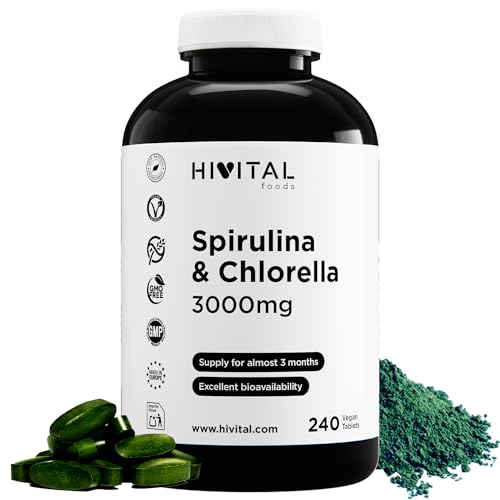 Espirulina y Chlorella 3000 mg. 240 comprimidos veganos para casi 3 meses de tratamiento. Proteina Natural de algas Espirulina y Chlorella. Fabricado en España por HIVITAL