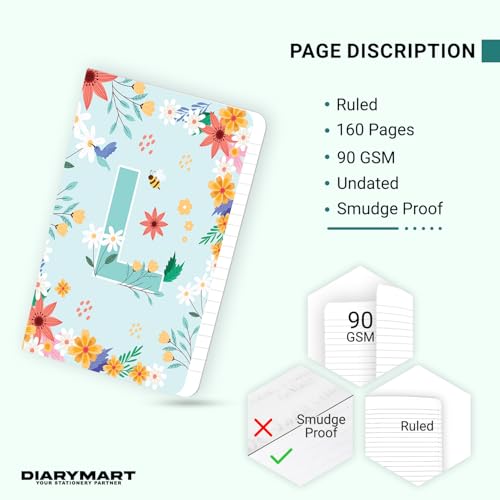 Image of Initial L Premium Soft Bound Notebook Diary for Girls and Women (B6, 90 GSM, 160 Ruled Pages) Floral Design Notebook Journal Diary