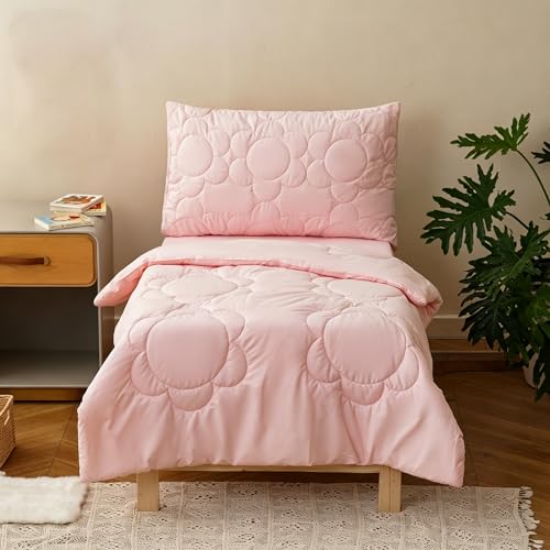Image of Wellboo Solid Pink Toddler Bedding Sets for Girls Boho Sunflower 4 Pieces Soft Crib Bed Set Including Comforter, Sheets and Pillowcase Kids Soft Solid Color Aesthetic Bean Pink Quilt