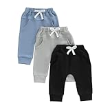 Toddler Baby Boy Fall Pants 3 Pack Active Jogger Casual Athletic Trousers Solid Color Pocket Elastic Waist Harem Bottoms (Waffle Blue Gray Black, 12-18 Months)