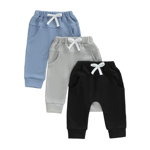 Toddler Baby Boy Fall Pants 3 Pack Active Jogger Casual Athletic Trousers Solid Color Pocket Elastic Waist Harem Bottoms (Waffle Blue Gray Black, 12-18 Months)