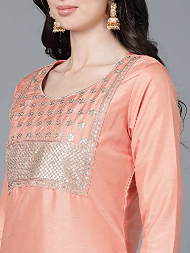 Image of Vaamsi Women's Poly Silk Solid Yoke Design Straight Kurta Set With Dupatta