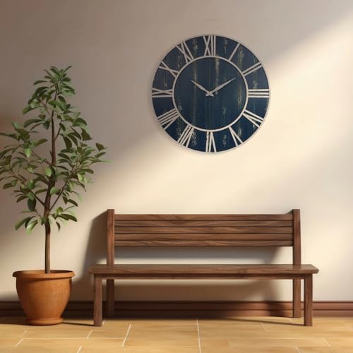 Old Oak Rustic Large Decorative Wall Clock with White Metal Frame & Navy Blue Wood (30-inch) - Image 8