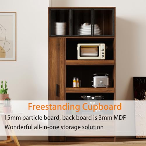 Image of Farmhouse Kitchen Pantry Cabinet, 70.87 inch Tall Freestanding Cupboard with Multi-Tier Storage Rack and Microwave Stand for Kitchen, Dining Room, Dark Walnut