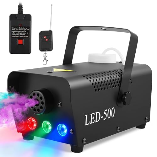 Fog Machine, 500W Smoke Machine with Wireless Remote Control & Automatic Spray Function, Mini Fog Smoke Machine with 3 RGB LED, Great for Halloween Christmas Party Wedding Stage Effect (with Light)