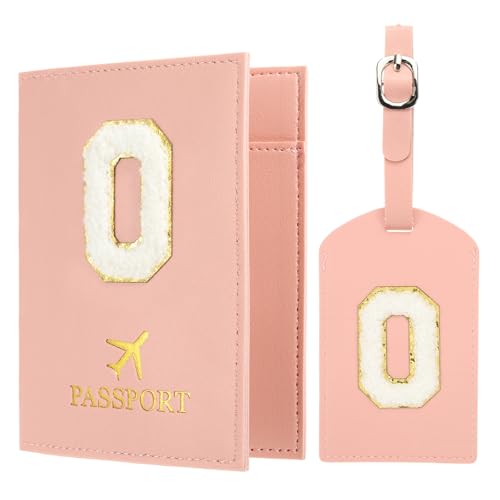 PATIKIL Passport Holder for Travel, Initial Passport Cover and Luggage Tag Set with Alphabet Chenille Letter Patch Travel Wallet Bag Suitcase Identifier for Women Family Travel Pink O