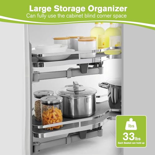 Kinchoix Blind Corner Cabinet Pull Out Organizer, Soft Close Swing Right Pull Out Cabinet Organizer 30inch, Corner Cabinet Lazy Susan for Blind Shelf, 2 Tiers Tray, Adjustable Height