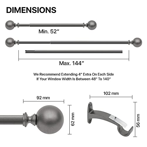 Image of Deco Window 52 to 144 Inch Adjustable Curtain Rod for Door & Windows with Brackets Set Curtains Hanging Extendable Iron Metal Pipe Holder with Finials (1 inch Diameter,Charcoal Grey)