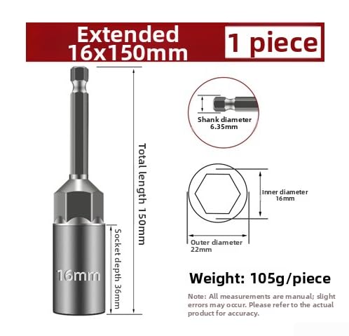Llave de Profunda para acero CR-V 6,35mm para Taladro Eléctrico, Juego Herramientas Mecánica Coche, Extensión Larga Reparación Motor, Negro 15x2x3cm(150 Long - 16 Mm)