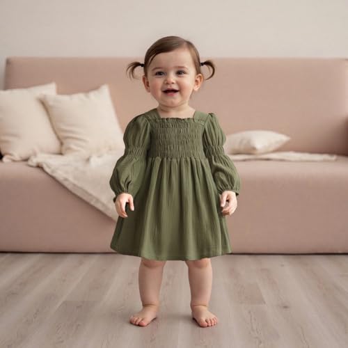 Toddler Girl Smocked Dress Lantern Long Sleeve Solid Color Casual A Line Little Girl Dresses Fall Winter Clothes2