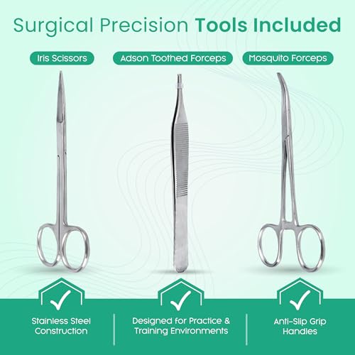 Image of Suture Practice Kit, 32 Pc Suturing Kit with Large Silicone Pad & Tools | 3 layer suture pad with precut wounds, stainless steel hemostat, forceps & scissors, training & education use only
