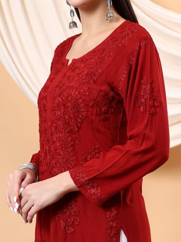 Image of POSHAK CHIKAN STUDIO Women's Hand Embroidered Lucknowi Chikankari Modal Straight Long Kurta, heer
