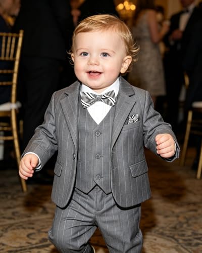 Image of Baby Boy Suits Formal Stripe Gentleman Tuxedo Suit Set Complete Dress Clothes Toddler Wedding Ring Bearer Outfit